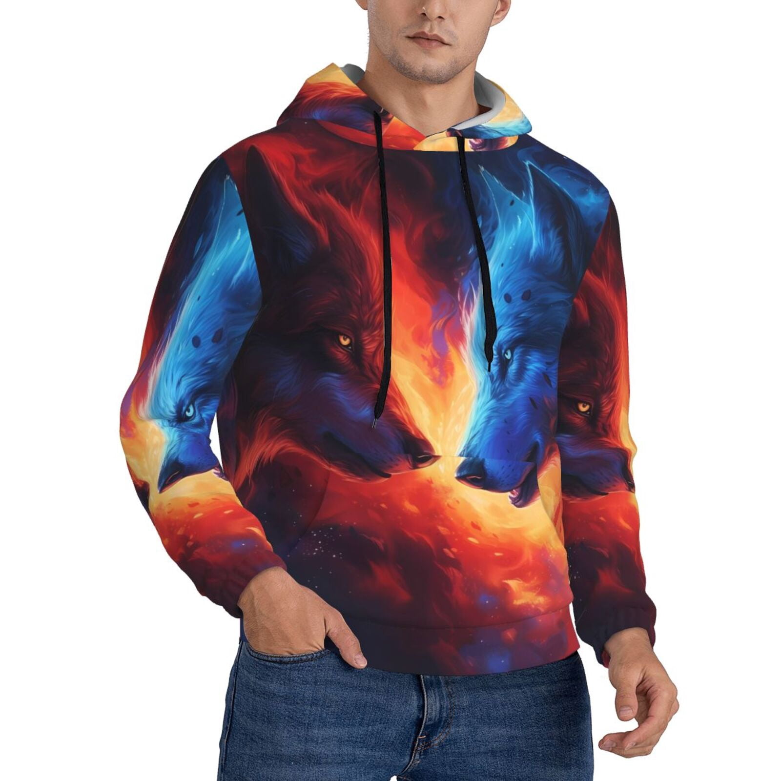 Xecao Red And Blue Fire Wolf Pattern Men