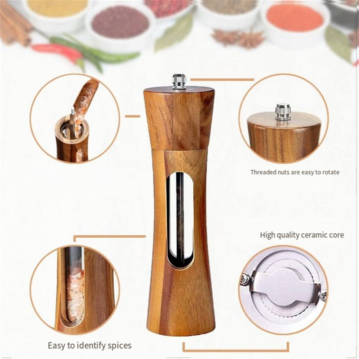 Pepper Mill Wood Salt and Pepper Mill Manual Salt Mill Spice Mill with Adjustable Ceramic Grinder for Pepper Salt Spices