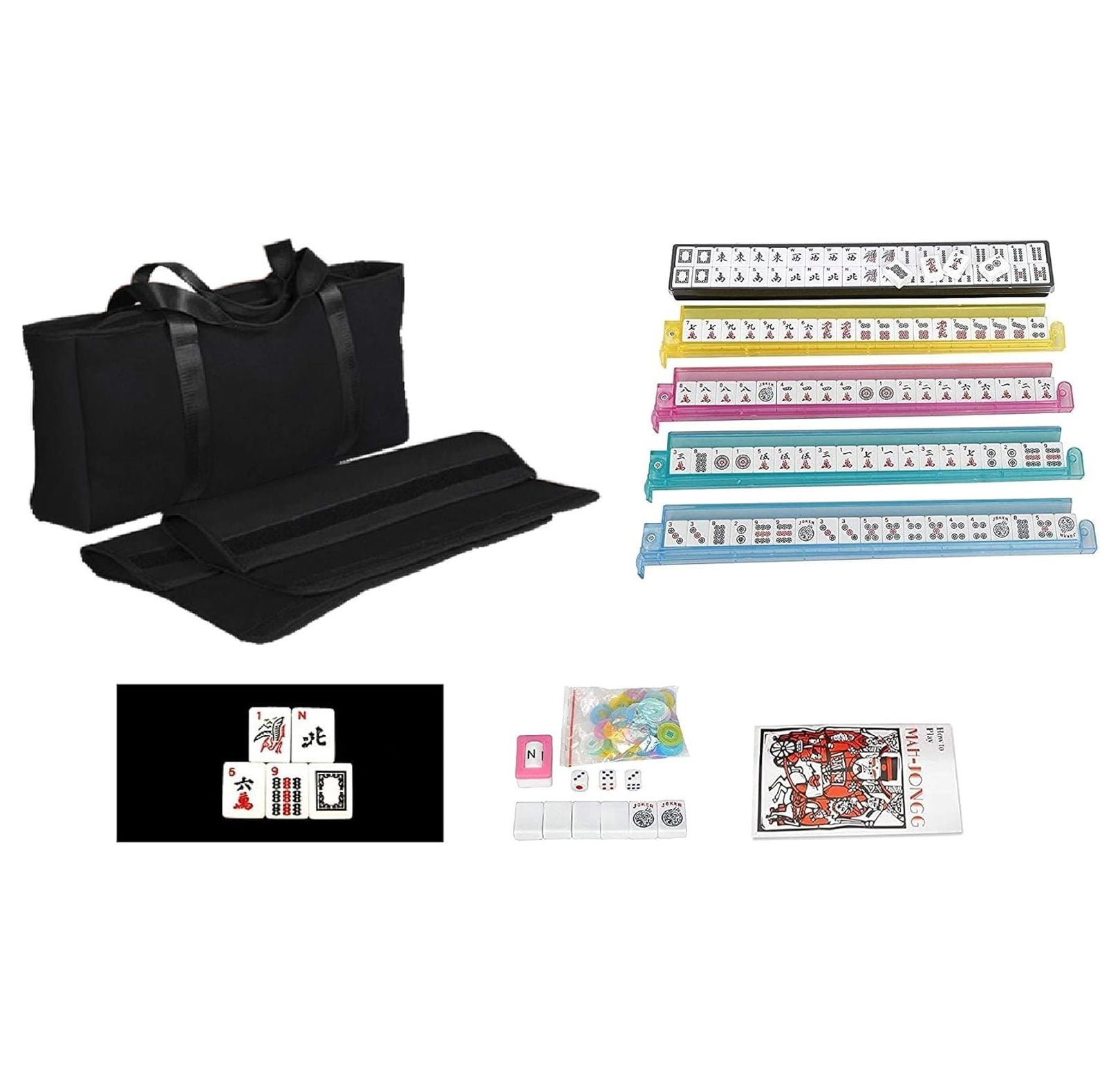 American Mahjong Set - Black Soft Bag - 166 White Engraved Tiles, 4 All-in-One Rack/Pushers Western Mah Jongg Game Set