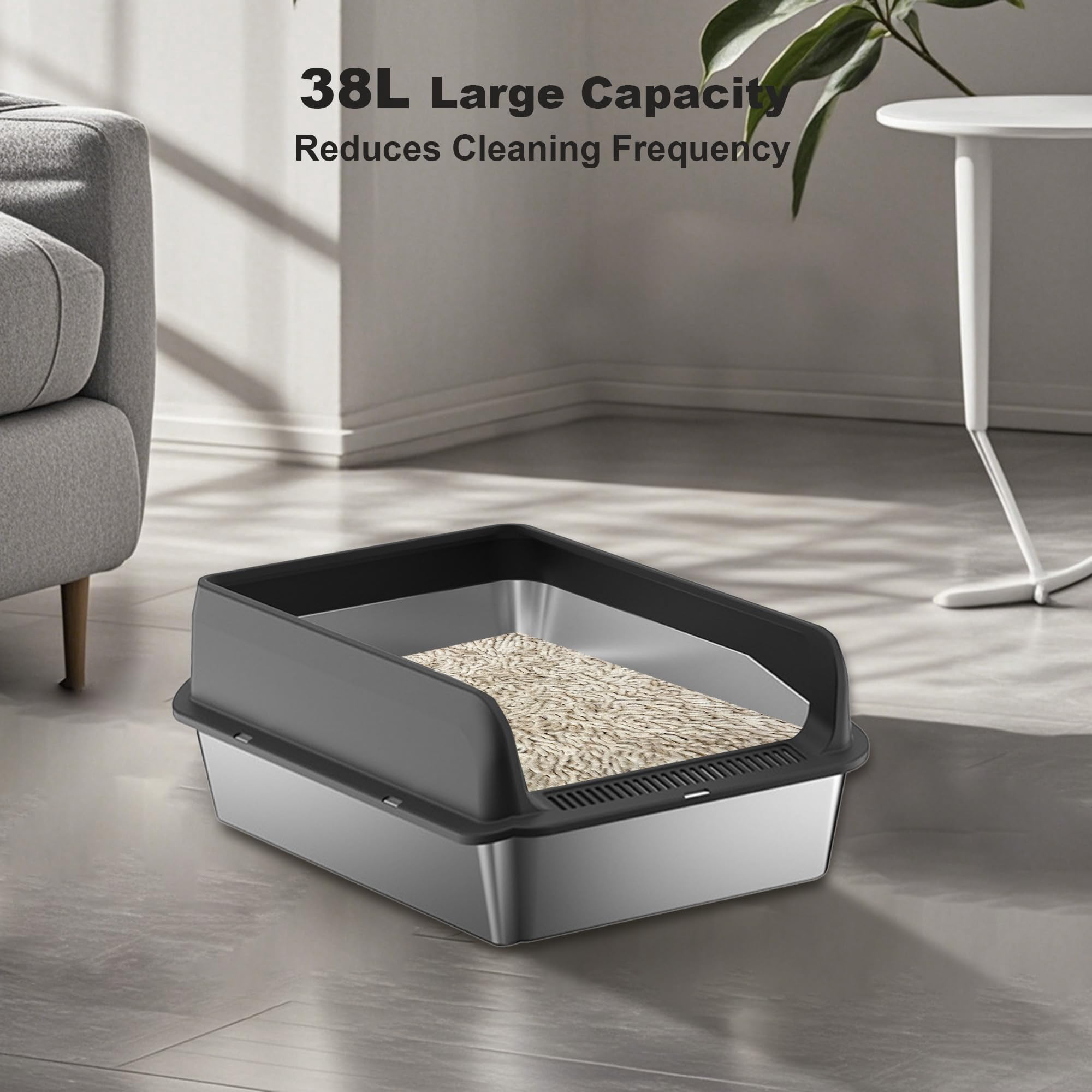 BouPower 8" Deep Stainless Steel Cat Litter Box with Scoop and Mats,Open Top High Wall Sided Enclosure Large Metal Cat Litter Box Non-Sticky Easy to Clean Anti-Leakage 23.6×15.7×11.8in Gray