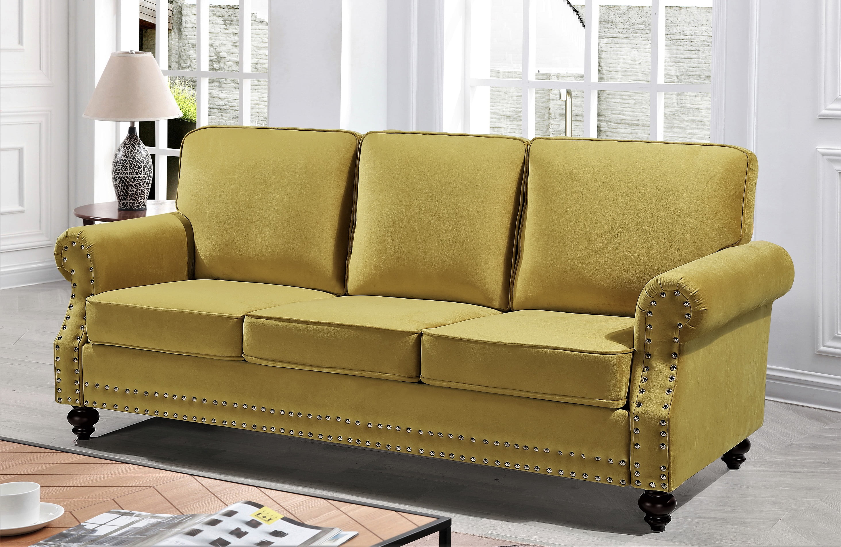 Uspridefurniture Feingold 85'' Velvet Rolled Arm Sofa,Yellow