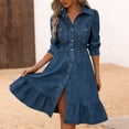 thumbnail image 4 of larppty Women's 2026 Vacation Flowy Denim Dress Puff Sleeve Button Down A-Line Ruffled Hem Midi Shirt Dress（Blue， L）, 4 of 6