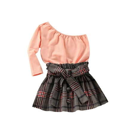 

Toddler Baby Girl Autumn Outfits One Shoulder Long Sleeve Tops and Plaids Short Skirt Clothes