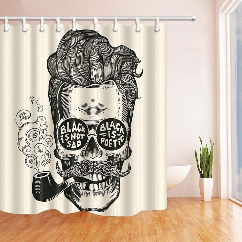 Hipster Skull Silhouette With Mustache Bathroom Fabric Shower Curtain71*71 Inch 