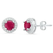 Sterling Silver Round Shape Genuine Ruby with White Topaz Halo Stud Earrings