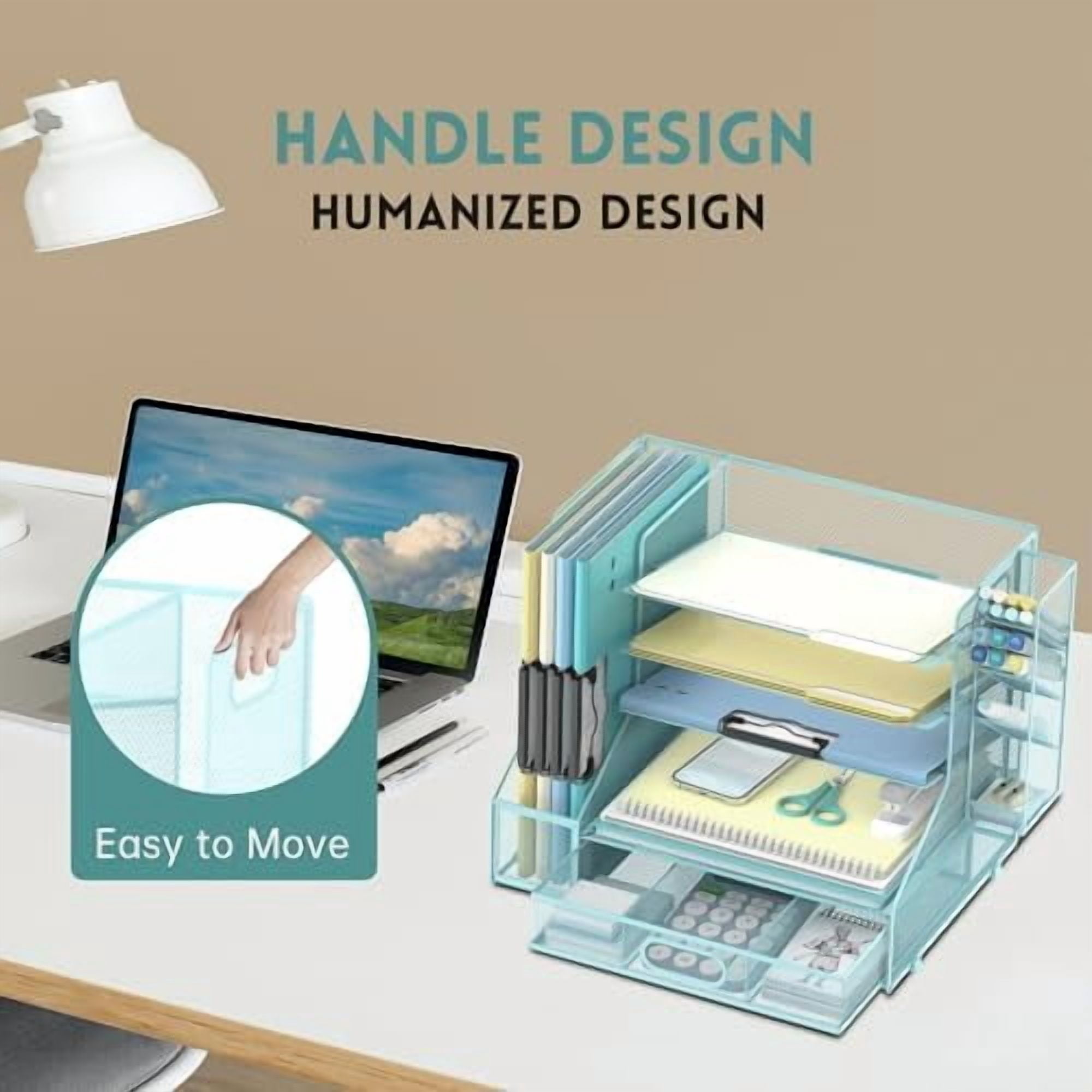 Jointown Mesh Desk Organizer, 5-Tier Paper Letter Tray with File Holder & Pen Holder & Sliding Drawer, Desktop Organizer and Storage for Desk Accessories Office Supplies, Blue