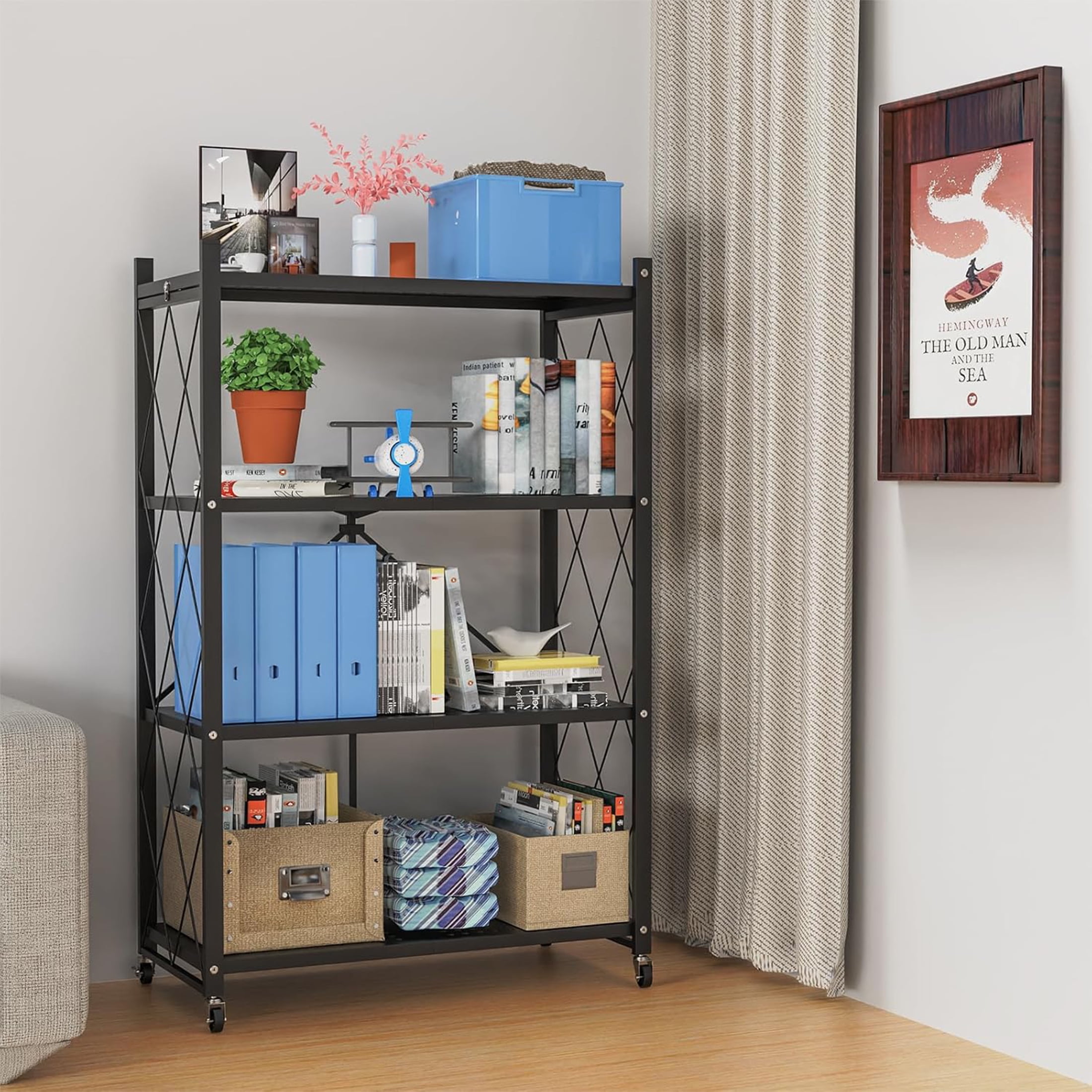 Lifetime Appliance Parts 4-Tier Foldable Storage Shelf with Wheels - Metal Collapsible Shelving Unit Display, Rolling Cart for Books Kitchen Storage Shelves, Pantry & Closet Organizer - BLACK