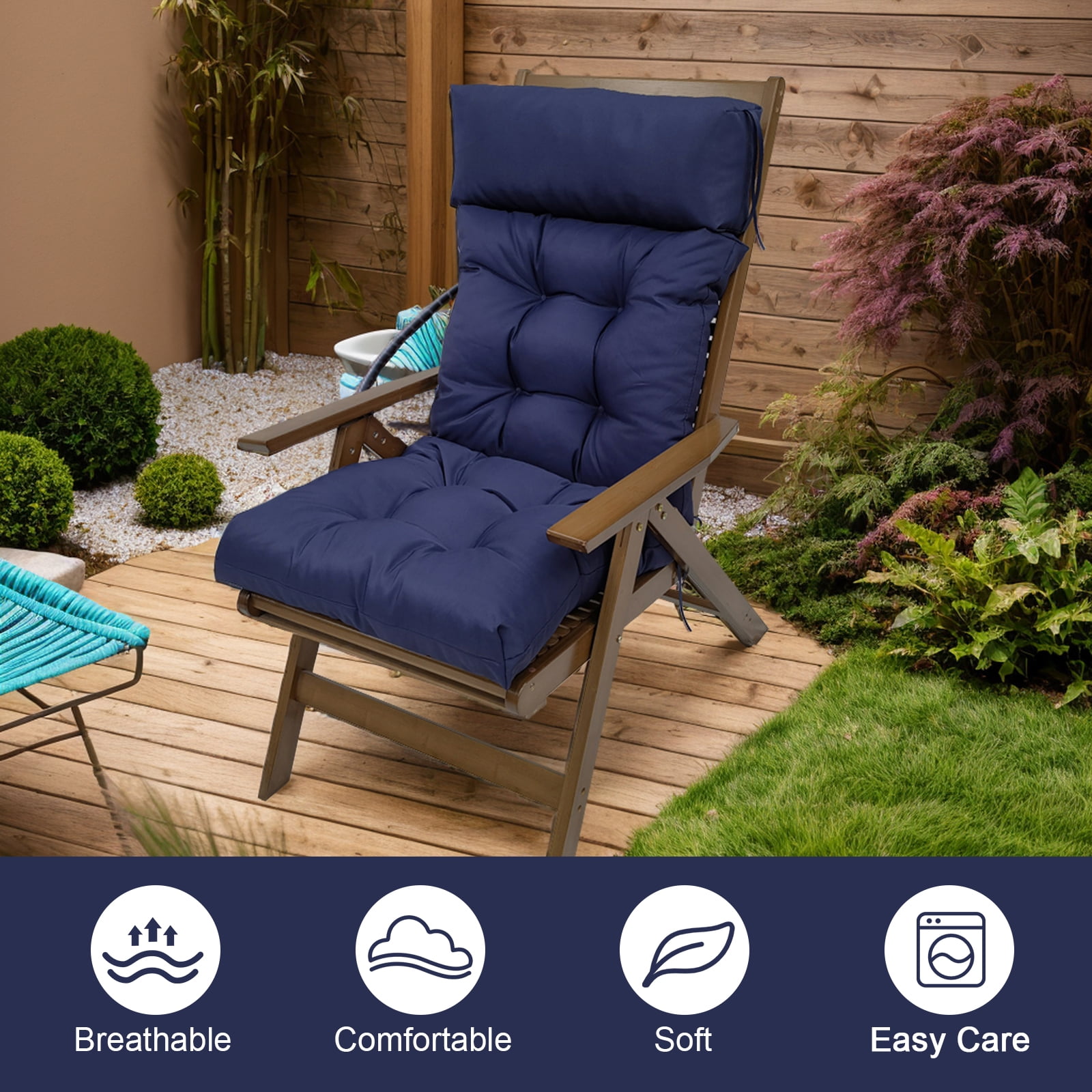 TOPCHANCES Adirondack Chair Cushion, Waterproof Rocking Chair Cushion, Patio Chair Cushions Seat Back Cushion with Ties for Indoor Outdoor Use, 49x21x3 inch, Navy