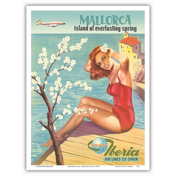Mallorca Spain - Island of Everlasting Spring - Iberia Air Lines - Vintage Airline Travel Poster c.1950s - Master Art Print (Unframed) 9in x 12in