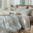 thumbnail image 6 of MooMee Striped Duvet Cover Set Full 100% Washed Cotton Linen Like Textured Breathable 3-Piece (Heathered Green& White Pinstripes), 6 of 7