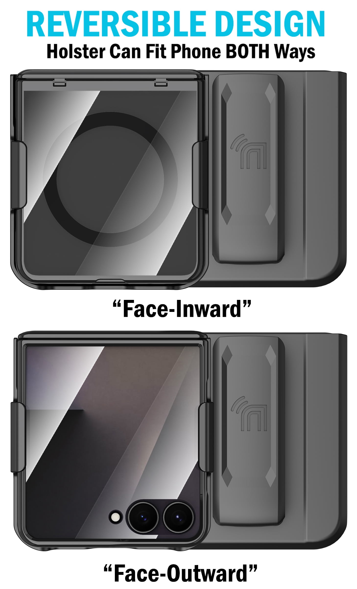 Nakedcellphone Electro Combo for Samsung Galaxy Z Flip 7 Phone Case with Belt Clip Holster Holder - Built-In Screen Protector - Hinge Cover - Compatible with MagSafe - Black/Clear