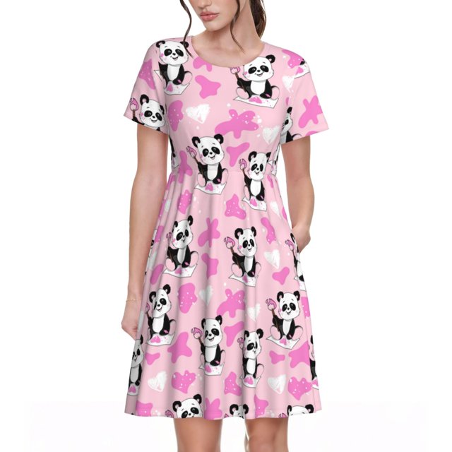 Balery Funny Panda Draws A Heart Vestidos sueltos de manga corta para mujer, vestidos de verano 2025, vestidos casuales de corte A con vuelo.