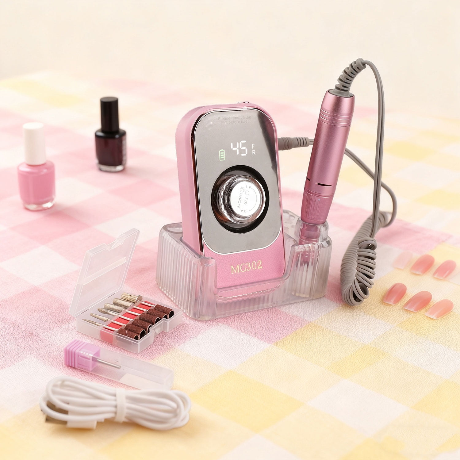 ASKITO 45000RPM Portable Nail Drill Electric File, Cordless Nail Drill with Bits & Base, Professional Rechargeable Nail E File Machine for Shaping, Removing & Polishing Gel Nails, Pink