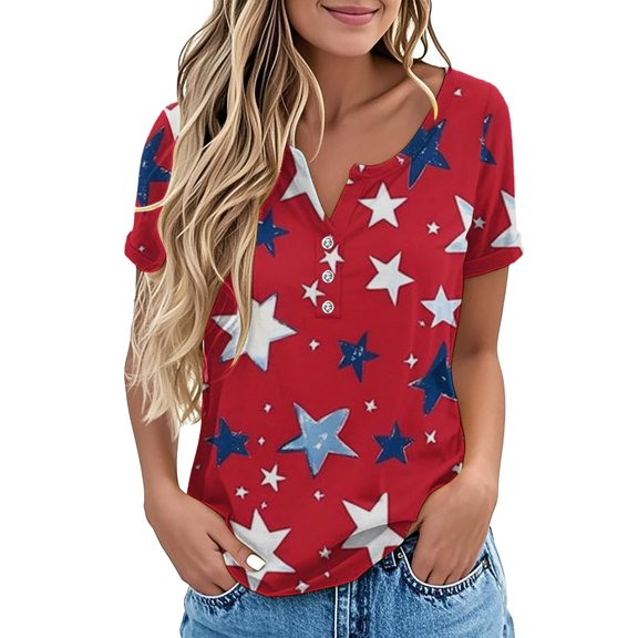 HEILAU American Flag Graphic T Shirts for Women 4th of July Tees V Neck 2025 Button Short Sleeve Independence Summer Shirt Patriotic Tops