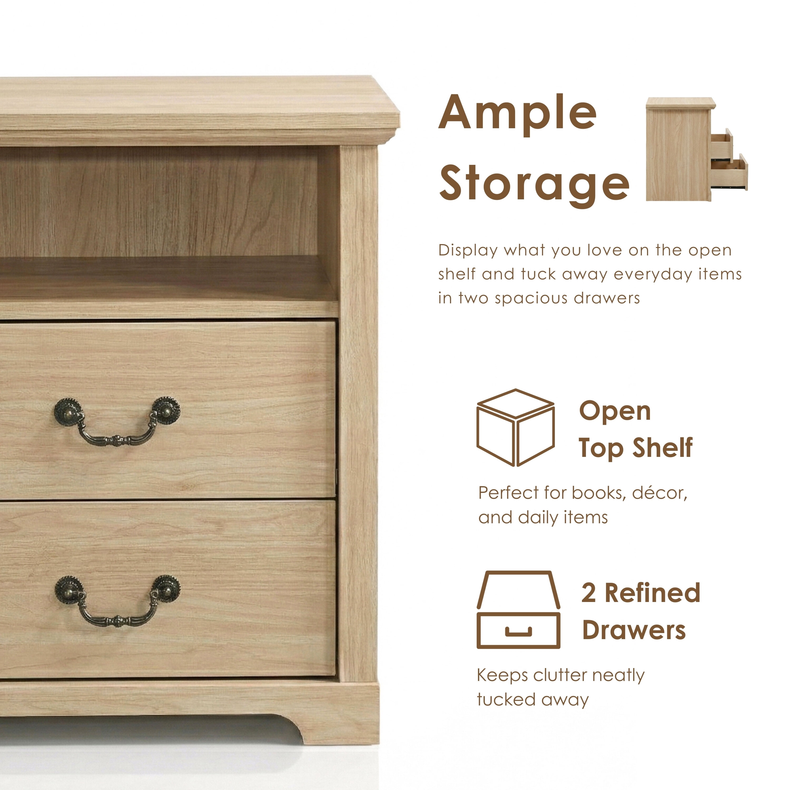 Furniture of America Chara Modern Wood 2-Drawer Nightstands with Open Top Shelf, Set of 2, Distressed Oak