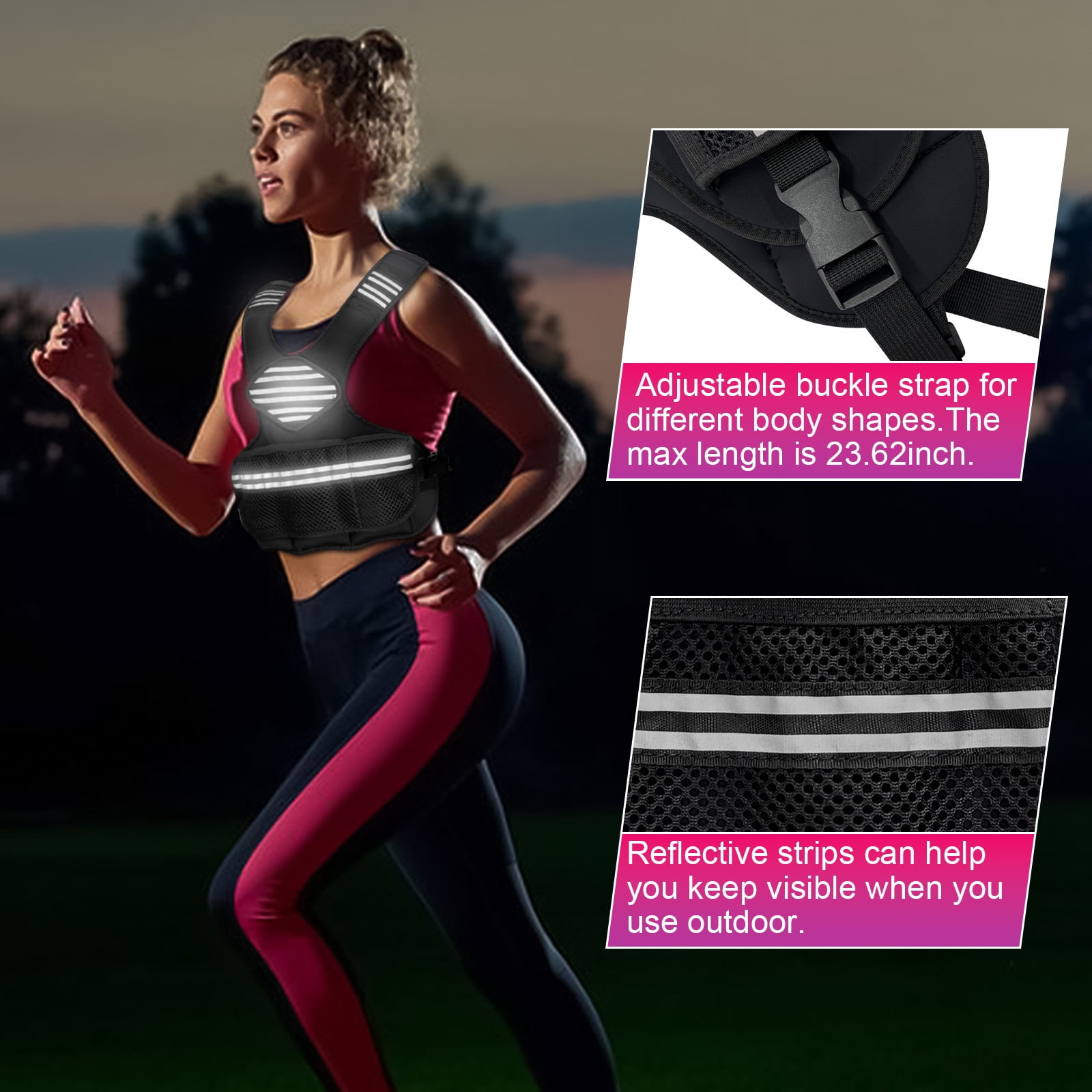 Adjustable Weighted Vest with Removable Sandbags & Reflective Strips, Heavy Duty Fitness Vest with Large Pockets for Men Women, Ideal for Running Walking Strength Training Home Gym