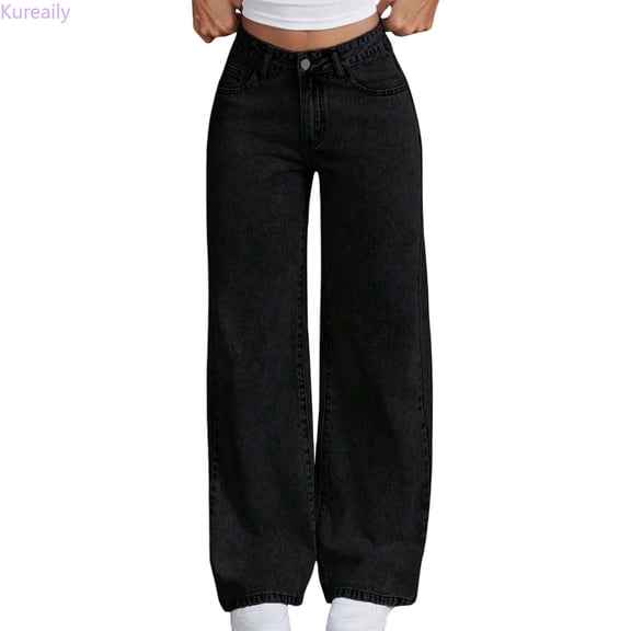 Kureaily Girls High Waist Washed Wide Leg Jeans, Cute Back Pocket Bow Embroidery Baggy Denim Pants ,Size 11-12 Years ,Black