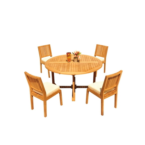 Grade-A Teak Dining Set: 4 Seater 5 Pc: 60" Round Table And 4 Maldives Armless Chairs Outdoor Patio WholesaleTeak #51ML1205