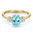 thumbnail image 3 of Gem Stone King 1.74 Ct Oval Blue Apatite G/H Lab Grown Diamond 18K Yellow Gold Plated Silver Ring, 3 of 6
