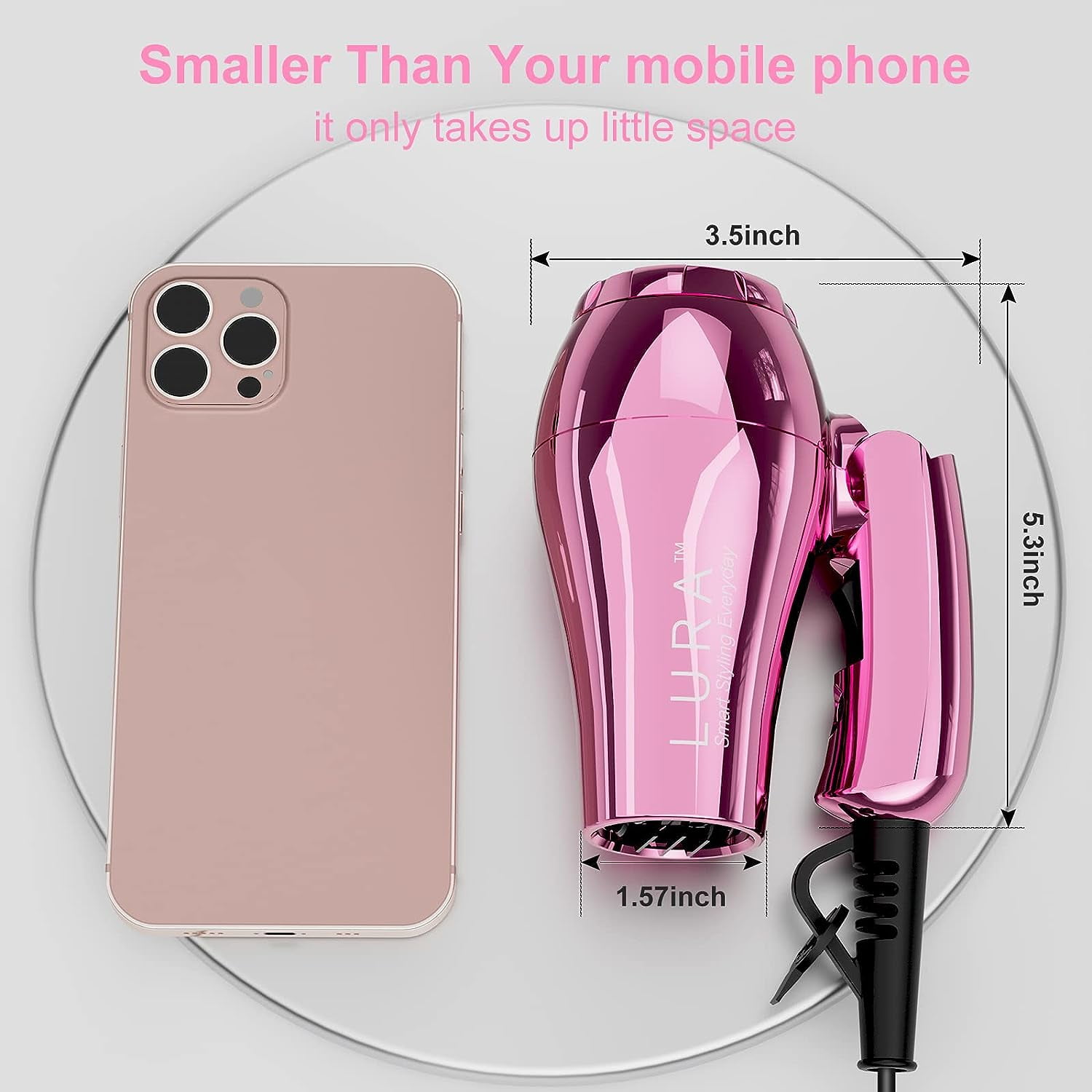 Lura Portable Travel Hair Dryer Dual Voltage Small Mini Blow Dryer with EU Plug Folding Handle,with Concentrator & Diffuser Attachment
