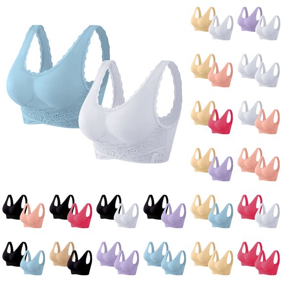 Gymayou 2 Pack Wire Free Full Coverage Comfort Bras For Older Women Front Cross Lace Side Buckle Push Up Bra with Adjustable Strap Beige L