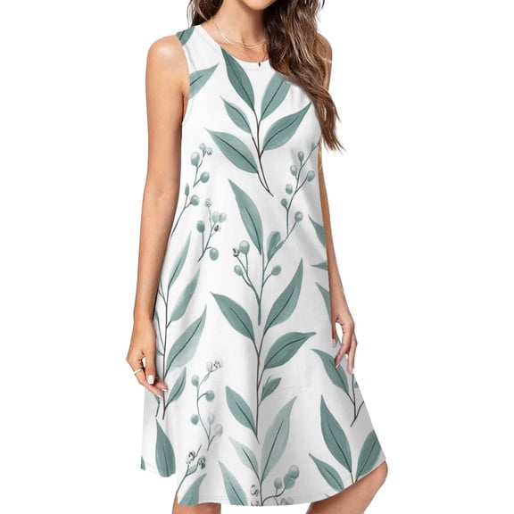 Seafoam Green Leafy Floral Pattern Casual Sleeveless Loose Sundress Dress For Women Summer Dress Daily Woman