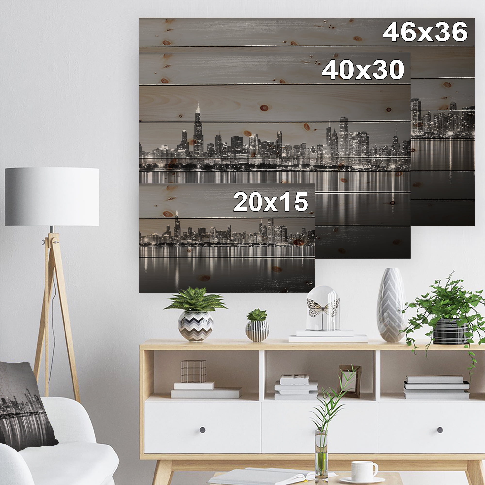 Designart 'Chicago Skyline at Night Black and White' Cityscape Print on Natural Pine Wood