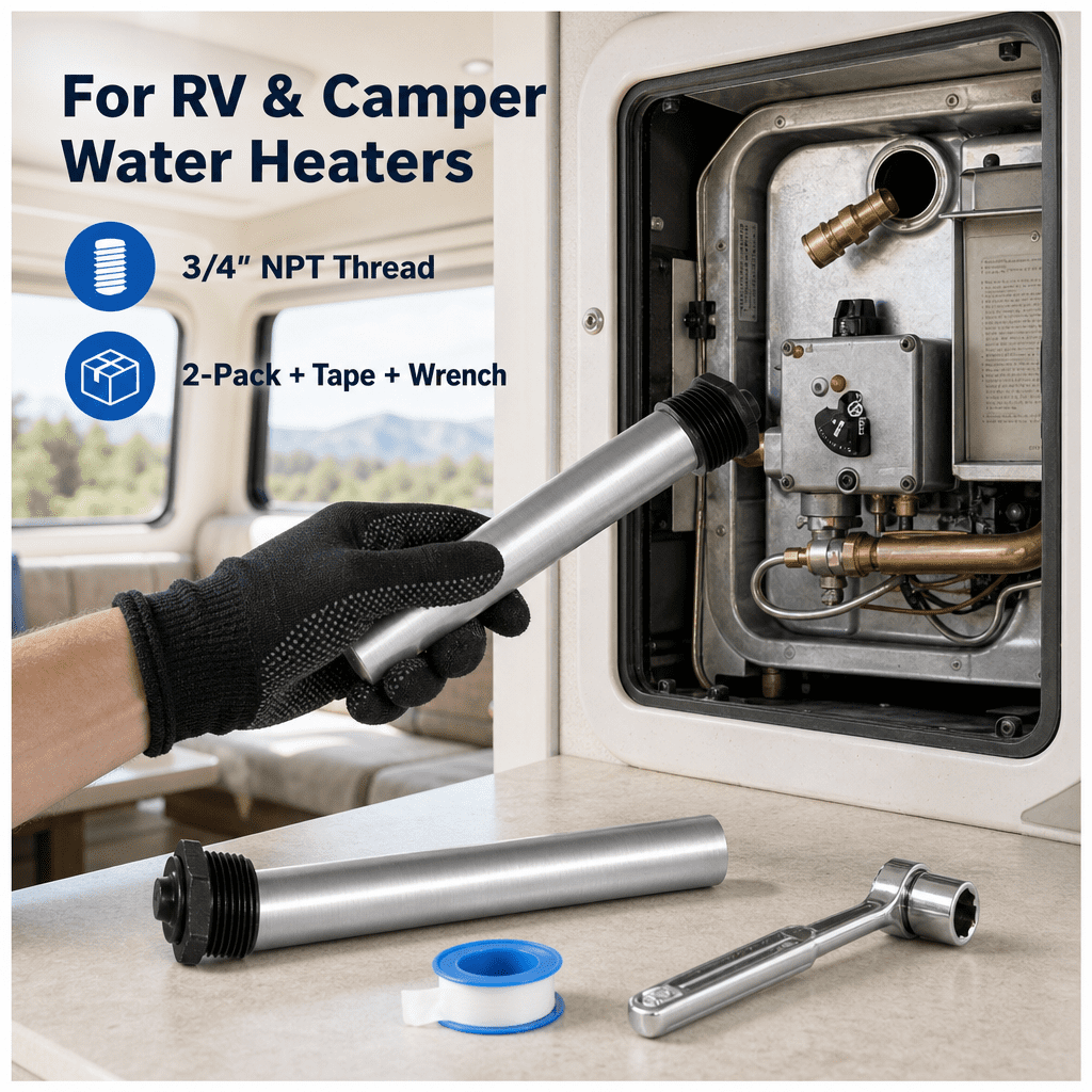 RV Water Heater Anode Rod Magnesium Sacrificial Rod Set for Camper Maintenance, 3/4-Inch NPT, Silver, 2-Pack