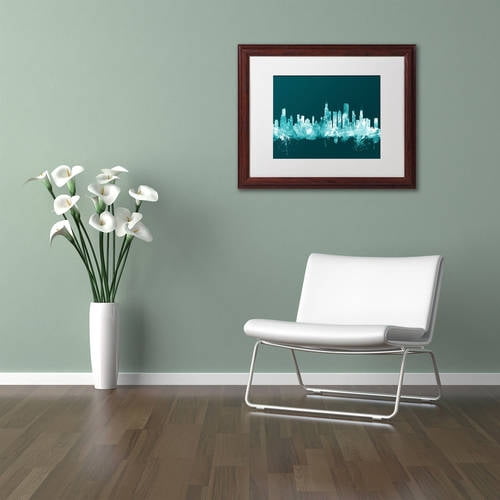 Trademark Fine Art "Chicago Illinois Skyline Teal" Canvas Art by Michael Tompsett, White Matte, Wood Frame