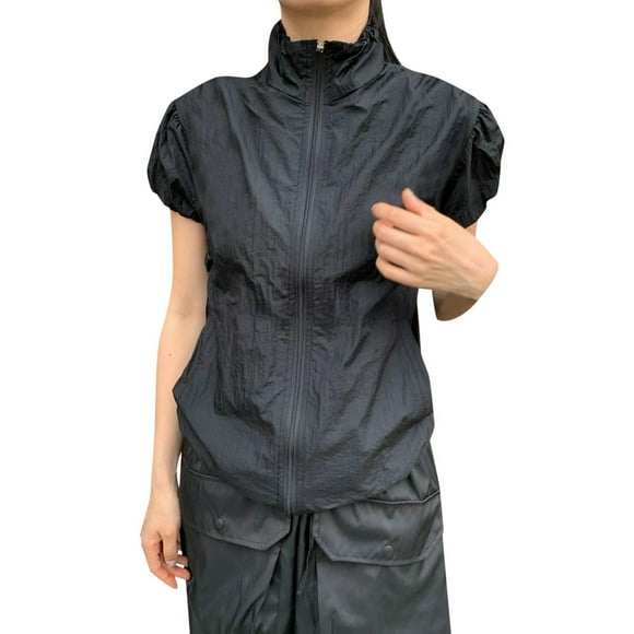 HXWCHs Women Solid Essential T Shirt Women's Retro Street Style Camping T-Shirt with Zipper Stand Collar Short Sleeve Sun top for Instagram Fashion XL Black