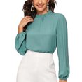thumbnail image 1 of Collar del soporte de la blusa de color puro linterna manga larga transpirable gasa mujeres blusa para oficina en casa compras viajes, 1 of 6