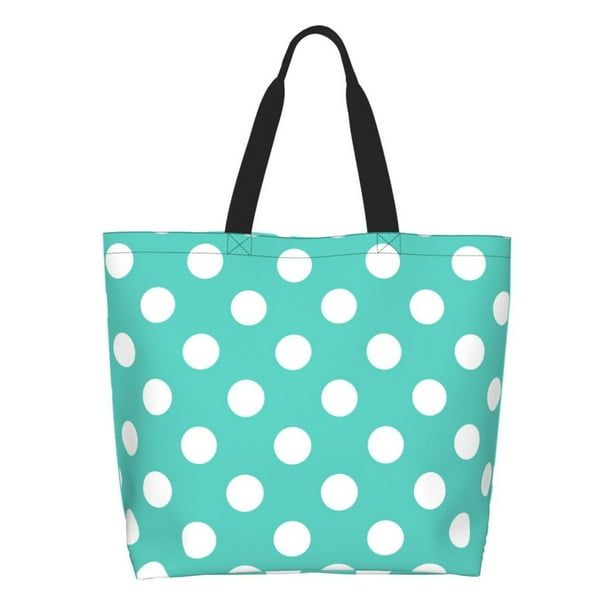 Fotbe Teal Turquoise And White Polka Dot Bolsa Tote Estética de Lona con Estampado para Mujer - Bolsa Reutilizable de Hombro Casual para Vacaciones, Compras, Trabajo y Gimnasio