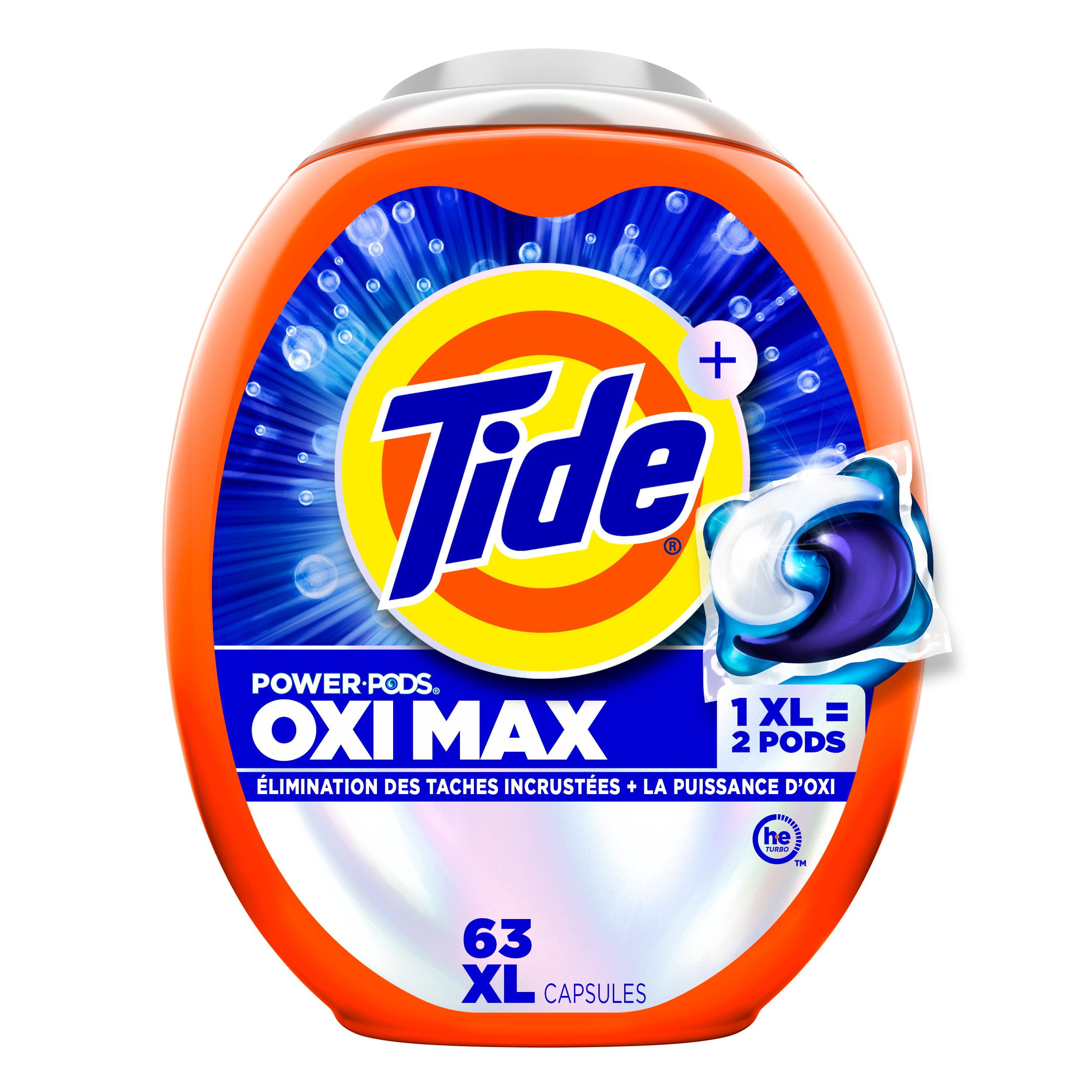 Capsules de détergent à lessive Tide Oxi Max Power PODS, détachant et puissance d’Oxi, capsules de détergent pour le lavage de la lessive, compatible avec les laveuses HE