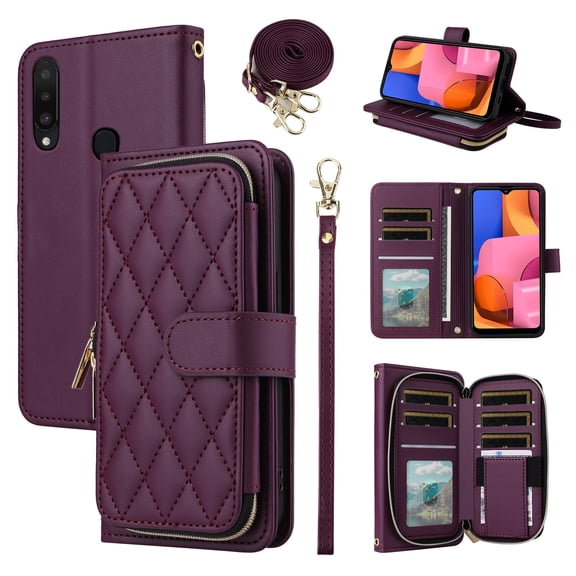 Furiet Argyle Wallet Case for Samsung Galaxy A20s with Wrist/Shoulder Strap, Zipper Purse Luxury PU Leather Card Holder Slots Stand Checkered Phone Cover for A 20s Plus A207M Women Girls Deep Purple