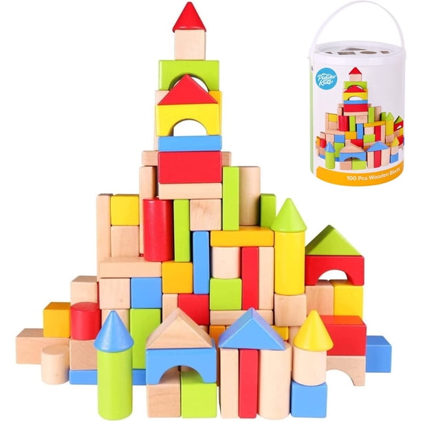 Pidoko Bloques de madera para niños 100 piezas Bloques de construcción para niños pequeños Incluye contenedor de almacenamiento con tapa clasificadora de formas Bloques de madera dura lisa y d