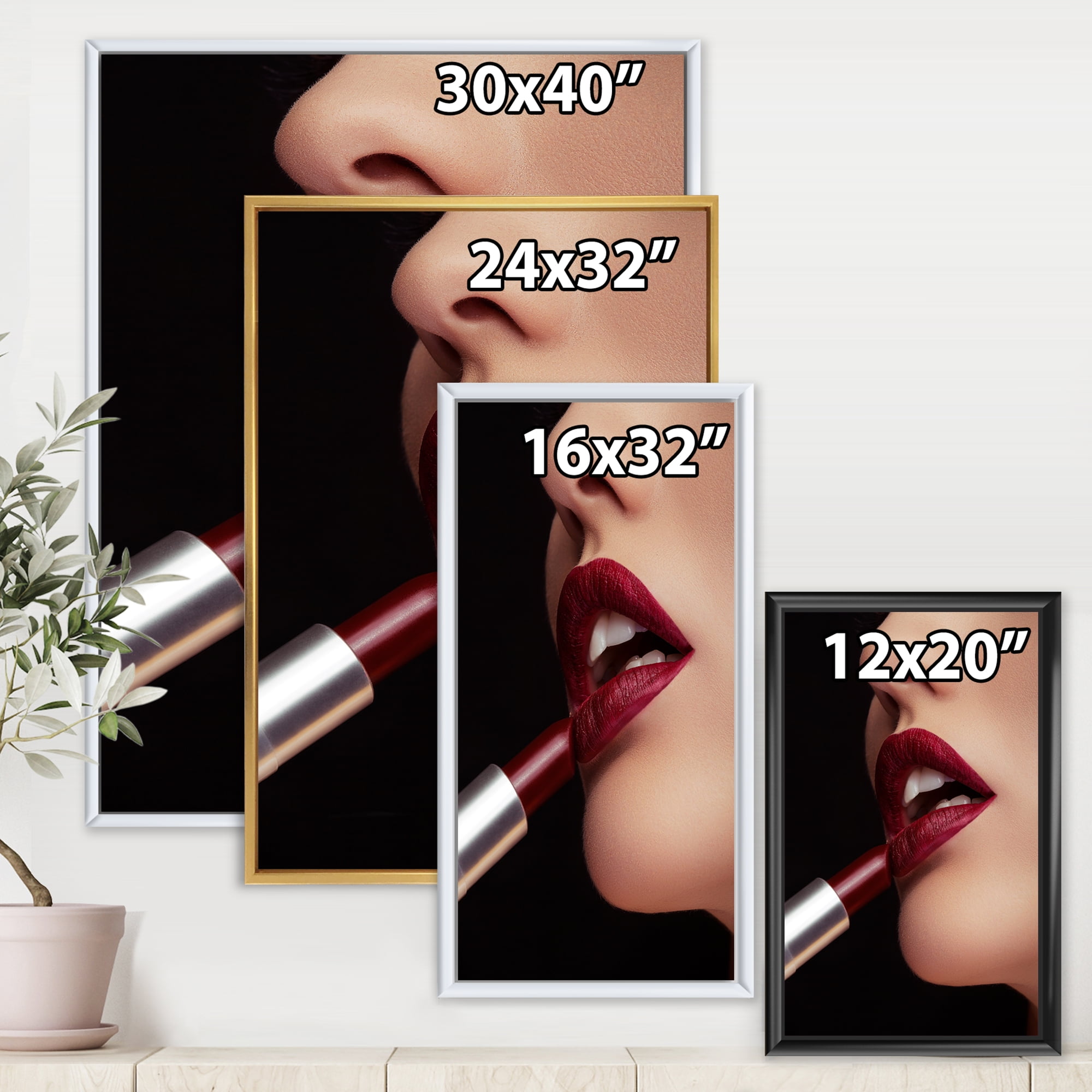 Woman Applying Red Lipstick On Lips I 12 in x 20 in Framed Photography Canvas Art Print, by Designart