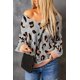 thumbnail image 2 of ABPHQTO Jersey de mujer gris con cuello de pico y manga farol con estampado de leopardo, 2 of 5