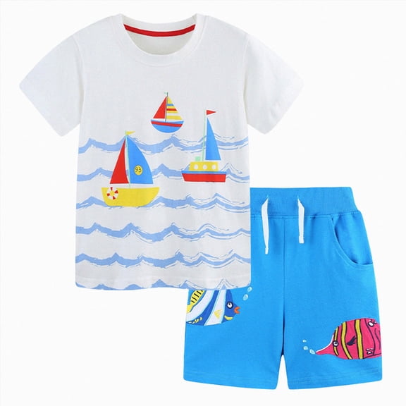 Toddler Baby Boy Clothes Summer Outfits Sailboat Print T-Shirt & Striped Shorts, Summer Vacation Clothes 4-5 Years
