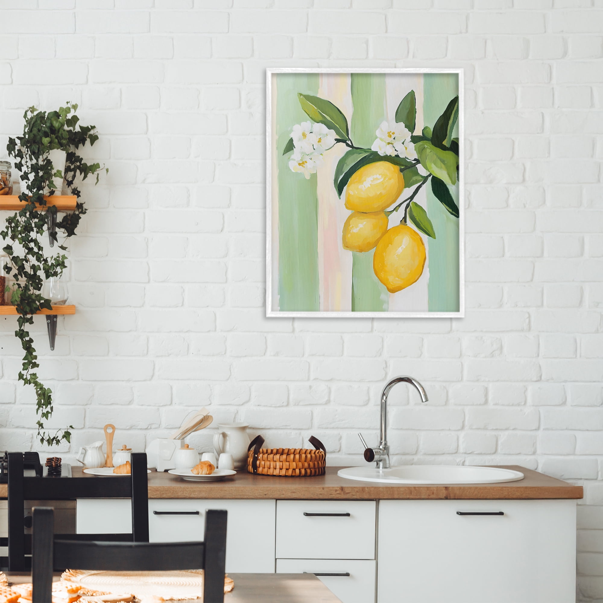 Stupell Industries Lemons & Flowers on Stripes White Framed Giclee Art, design by The Prints Vibe