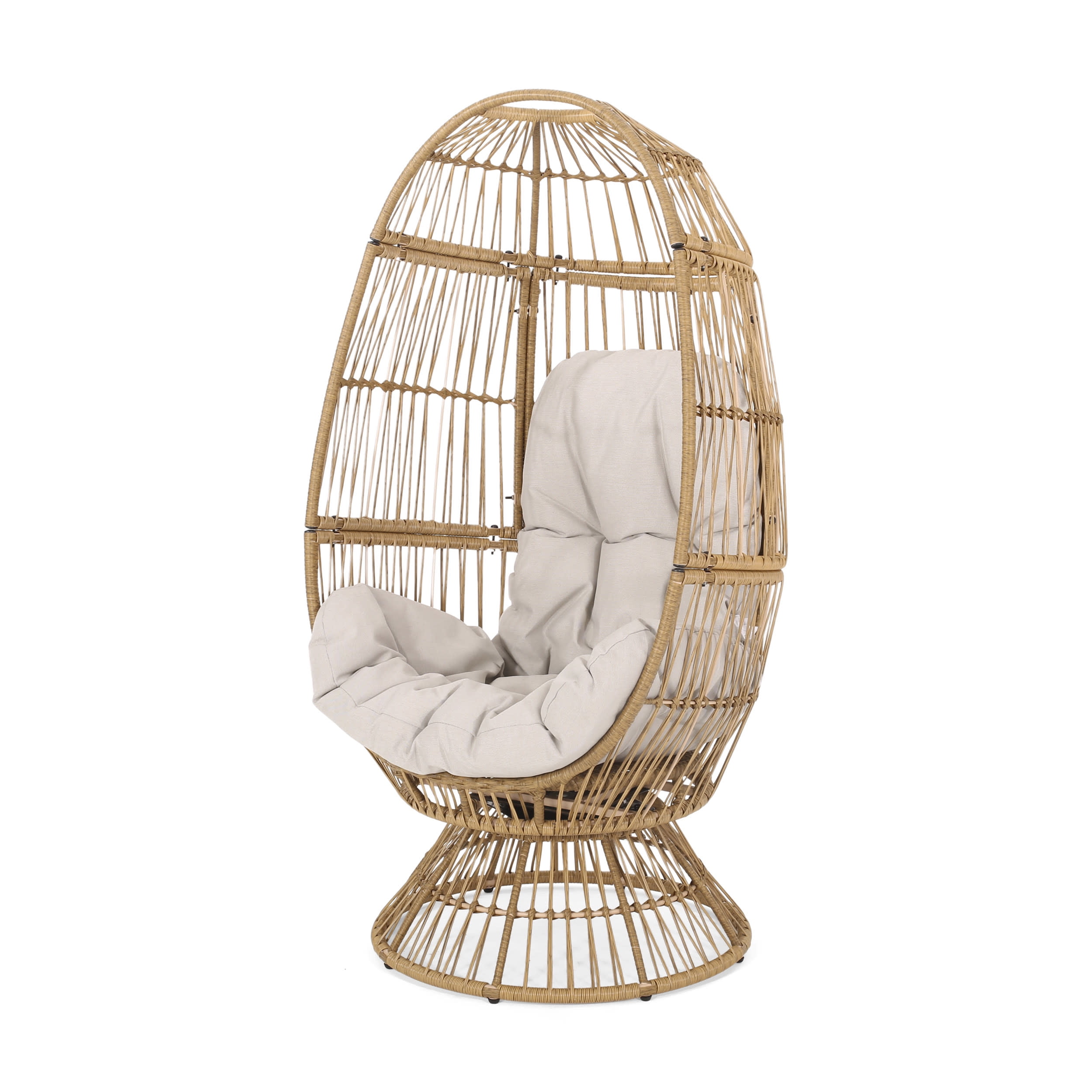 GDF Studio Reeve Outdoor Wicker Swivel Egg Chair with Cushion, Light