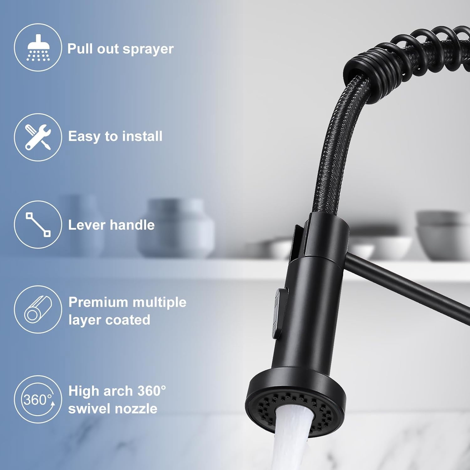 DTIG Black Kitchen Faucet, Pull-Out Sprayer, Brushed Nickel, Dual-Function, Includes Deck Plate, Water Pipes