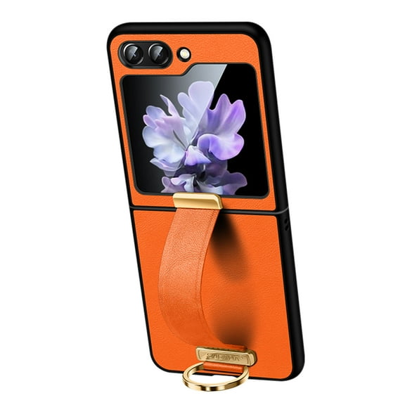 For Samsung Galaxy Z Flip 6 Wallet Case with Wristband Strap Kickstand Case fits Samsung Galaxy Z Flip 6 Ring Finger Holder Grip Premium Classic PU Leather Shockproof Cover for Women & Men,Orange
