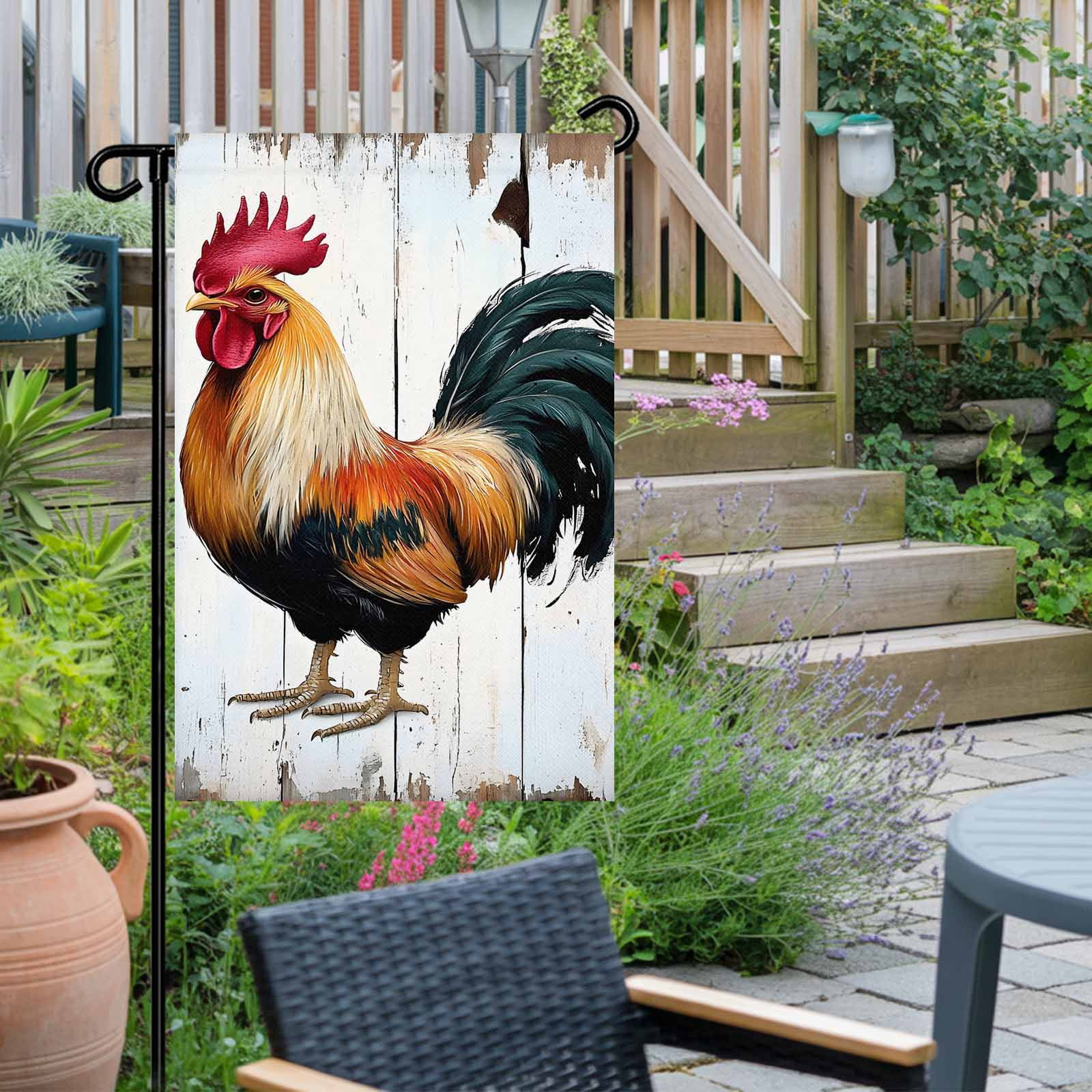 Garden Flag Double-Side Printed House Flag Vintage Rooster Yard Flag White Wood Grain Welcome Banner Decor Outdoor Holiday Decorations 28*40in
