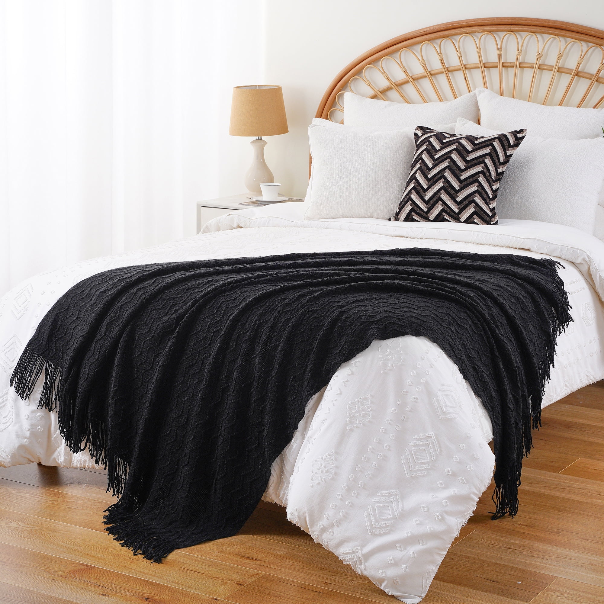 Battilo Black Knit Throw Blanket, Boho Decorative Blanket for Bed, Sofa, Living Room,50"x60"
