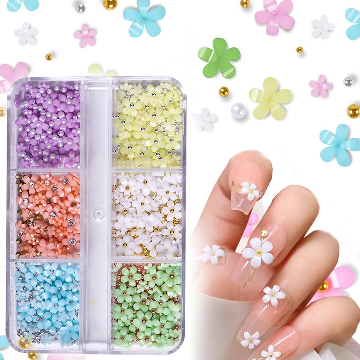 3D Flower Nail Charms Kit 6 Grids Flower Nail Art Kit 3D Resin Floral Nail  Flakes Kit DIY Flowers Nail Pearls Rhinestones Beads Decoration for Nail