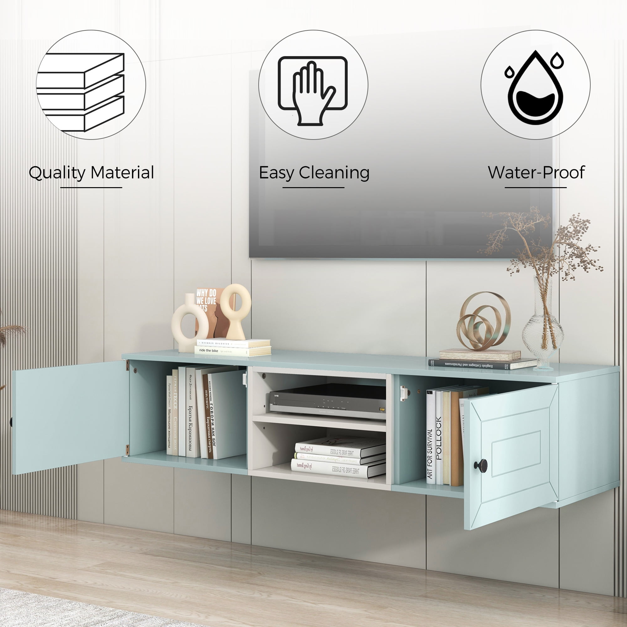 Resenkos Floating TV Stand Wall Mounted with Adjustable shelves, Modern High Gloss Entertainment Center for 70Inch TVs, Blue Resenkos Floating TV Stand Wall Mounted with Adjustable shelves, Modern High Gloss Entertainment Center for 70Inch TVs, Blue