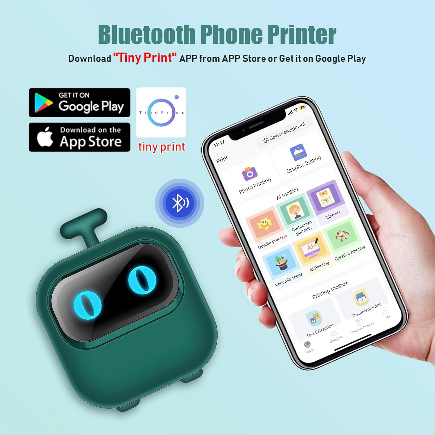 Wiher Mini Thermal Printer, Small Bluetooth Printer for IOS & Android Phone, Pocket Study Printer with AI Painting Function &13 Rolls Paper for Photo Journal Notes Memo(Green)