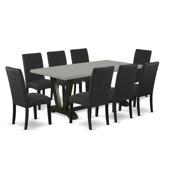 East West Furniture V-Style 9-piece Wood Dining Set with Fabric Seat in Black