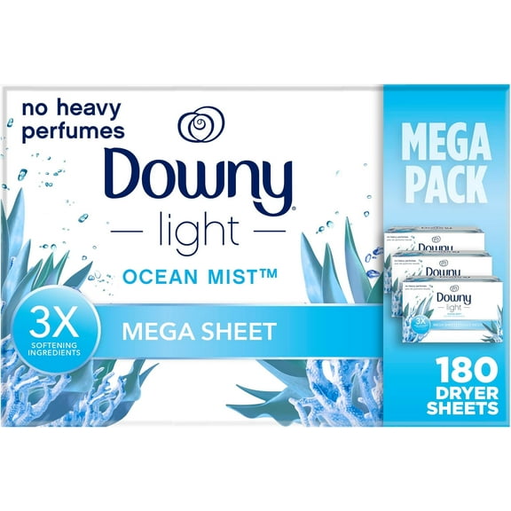 Light Mega Dryer Sheets, Fabric Softener Dryer Sheets, Ocean Mist, 180 Count