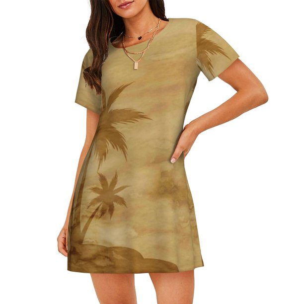 Balery Retro Palm Tree Camisón de manga corta con cuello redondo para mujer, cómodo y elegante.